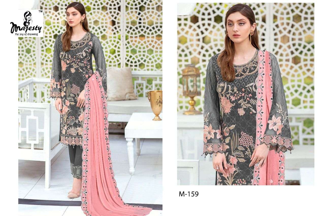 RAMSHA VOL-4 BY MAJESTY 157 TO 159 SERIES DESIGNER FESTIVE PAKISTANI SUITS COLLECTION BEAUTIFUL STYLISH FANCY COLORFUL PARTY WEAR & OCCASIONAL WEAR FAUX GEORGETTE EMBROIDERED DRESSES AT WHOLESALE PRICE