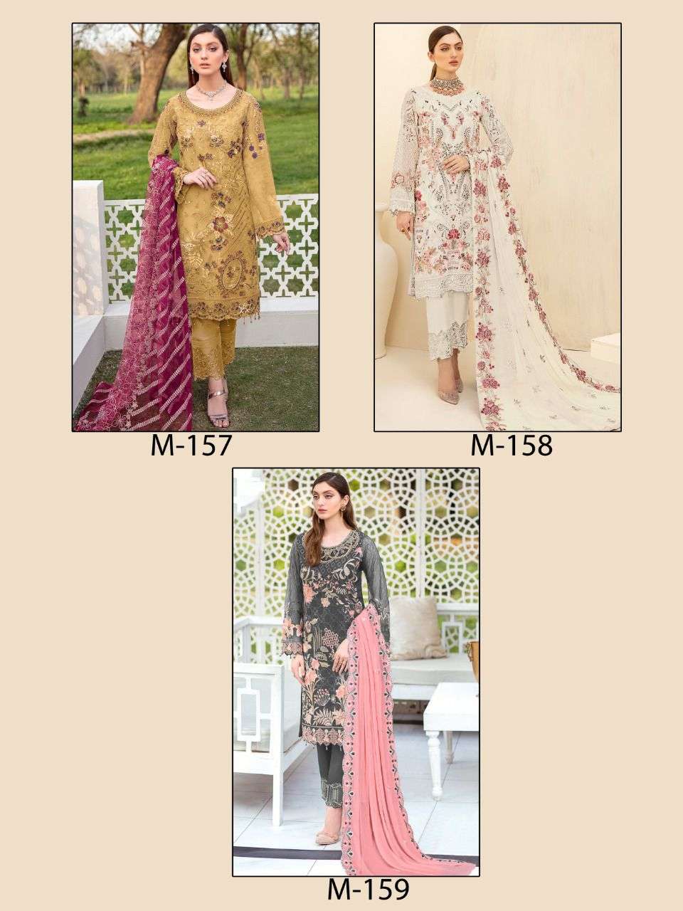RAMSHA VOL-4 BY MAJESTY 157 TO 159 SERIES DESIGNER FESTIVE PAKISTANI SUITS COLLECTION BEAUTIFUL STYLISH FANCY COLORFUL PARTY WEAR & OCCASIONAL WEAR FAUX GEORGETTE EMBROIDERED DRESSES AT WHOLESALE PRICE