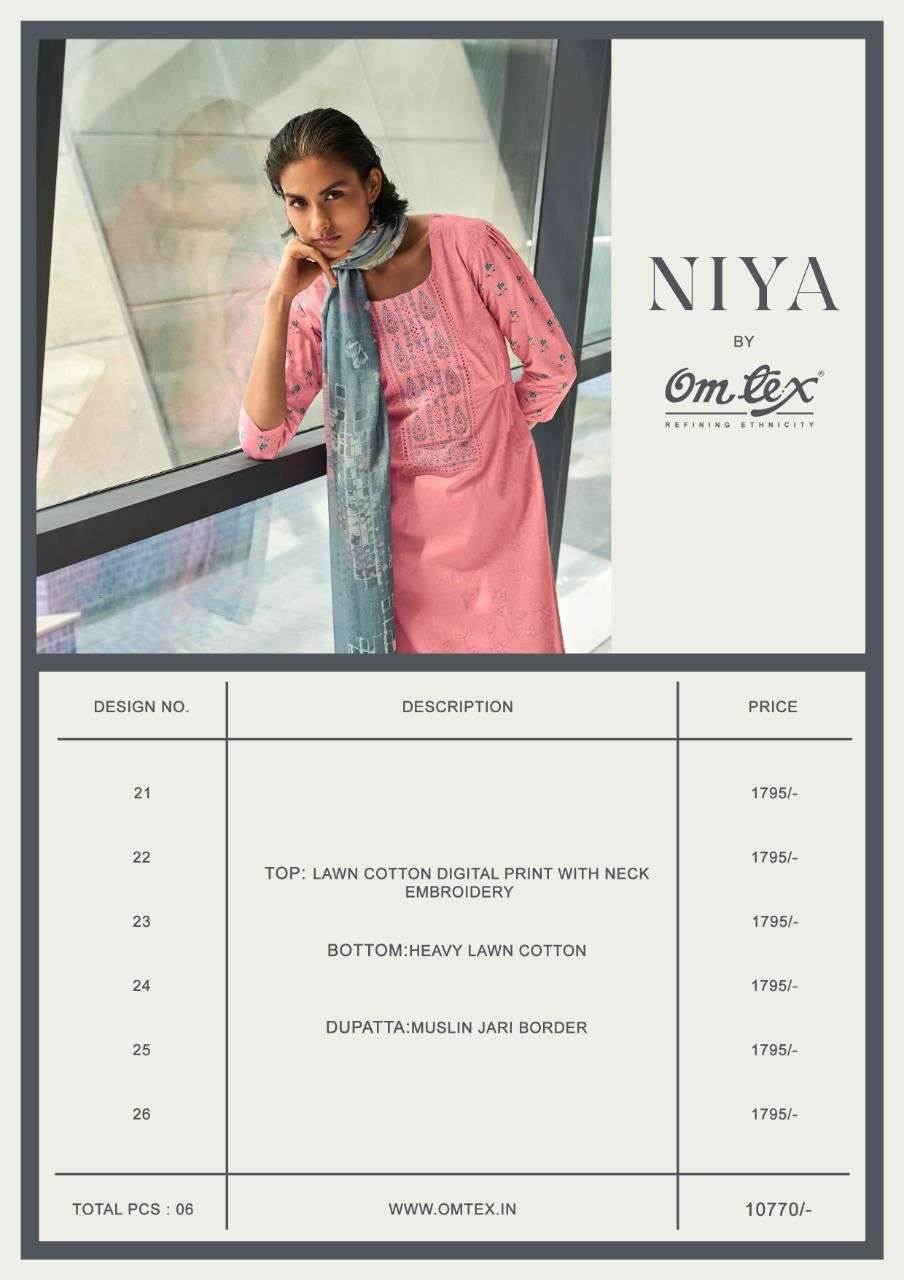 NIYA BY OMTEX 21 TO 26 SERIES BEAUTIFUL SUITS COLORFUL STYLISH FANCY CASUAL WEAR & ETHNIC WEAR LAWN COTTON DIGITAL PRINT DRESSES AT WHOLESALE PRICE
