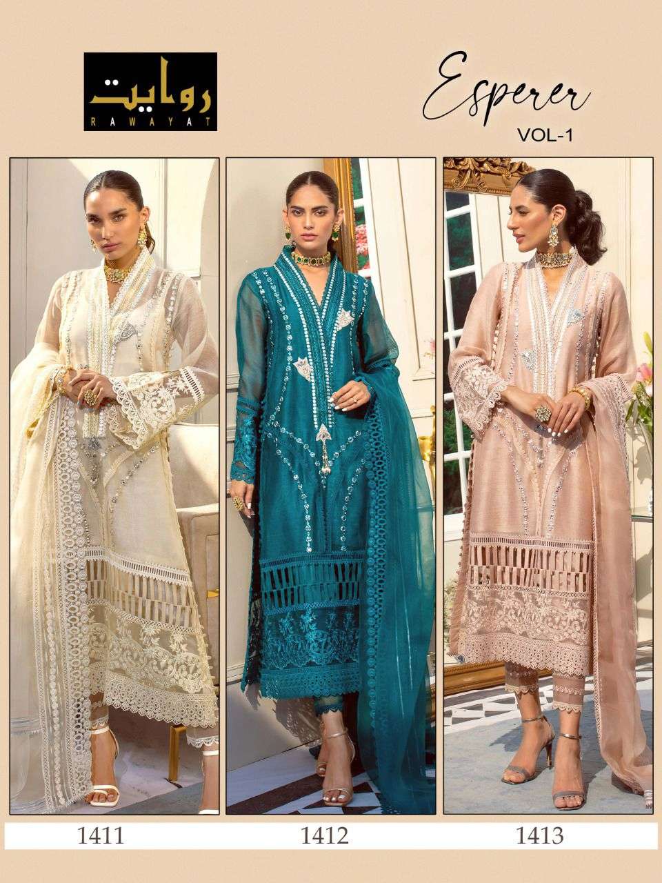 ESPERER VOL-1 BY RAWAYAT 1411 TO 1413 SERIES BEAUTIFUL PAKISTANI SUITS COLORFUL STYLISH FANCY CASUAL WEAR & ETHNIC WEAR FAUX GEORGETTE DRESSES AT WHOLESALE PRICE