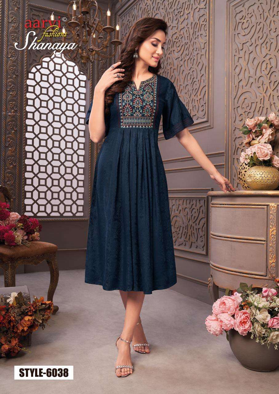 SHANAYA VOL-4 BY AARVI FASHION 6037 TO 6041 SERIES DESIGNER STYLISH FANCY COLORFUL BEAUTIFUL PARTY WEAR & ETHNIC WEAR COLLECTION RAYON JACQUARD KURTIS AT WHOLESALE PRICE