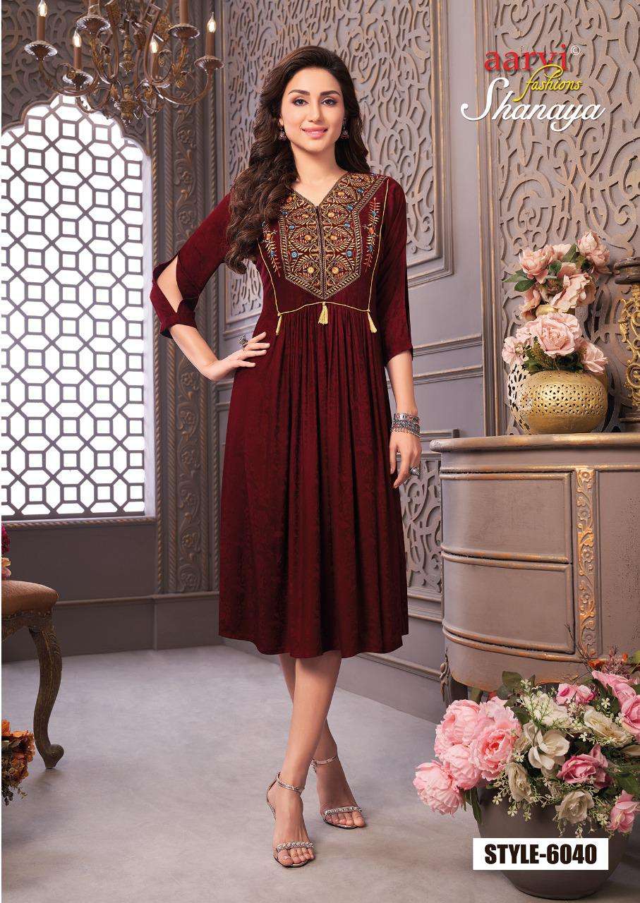 SHANAYA VOL-4 BY AARVI FASHION 6037 TO 6041 SERIES DESIGNER STYLISH FANCY COLORFUL BEAUTIFUL PARTY WEAR & ETHNIC WEAR COLLECTION RAYON JACQUARD KURTIS AT WHOLESALE PRICE