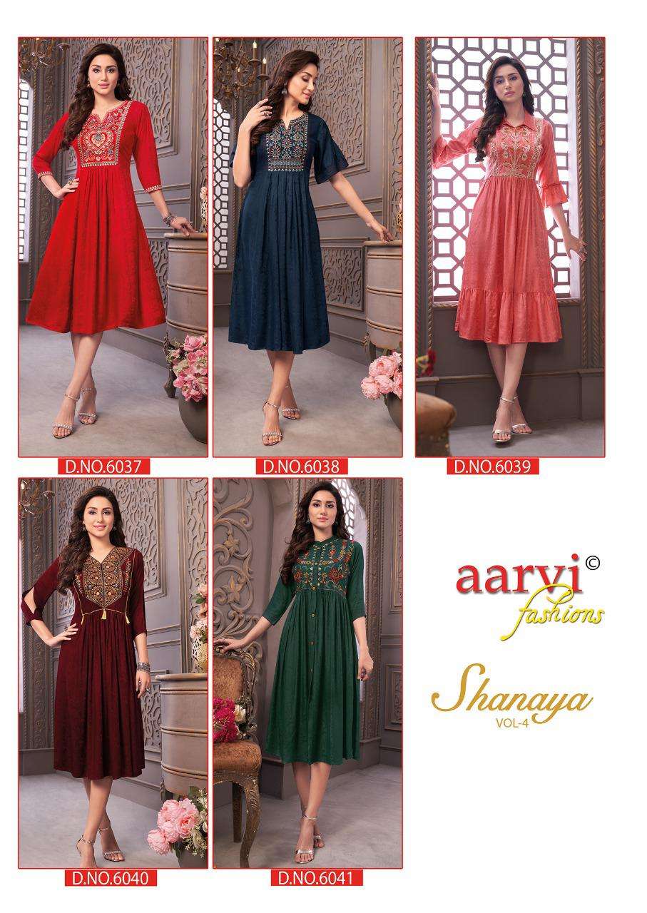 SHANAYA VOL-4 BY AARVI FASHION 6037 TO 6041 SERIES DESIGNER STYLISH FANCY COLORFUL BEAUTIFUL PARTY WEAR & ETHNIC WEAR COLLECTION RAYON JACQUARD KURTIS AT WHOLESALE PRICE