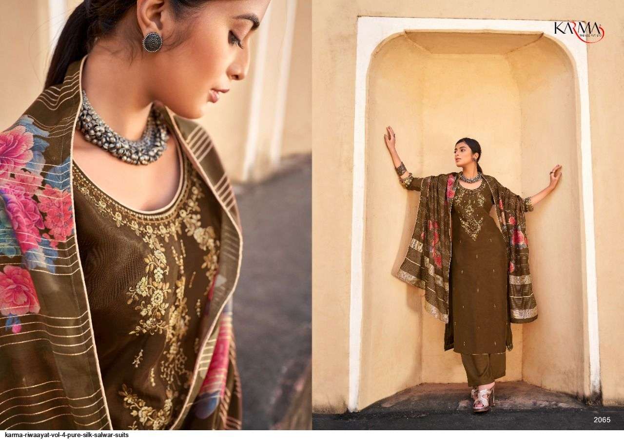 RIWAAYAT VOL-4 BY KARMA TRENDZ 2061 TO 2067 SERIES BEAUTIFUL SUITS COLORFUL STYLISH FANCY CASUAL WEAR & ETHNIC WEAR PURE SILK JACQUARD DRESSES AT WHOLESALE PRICE