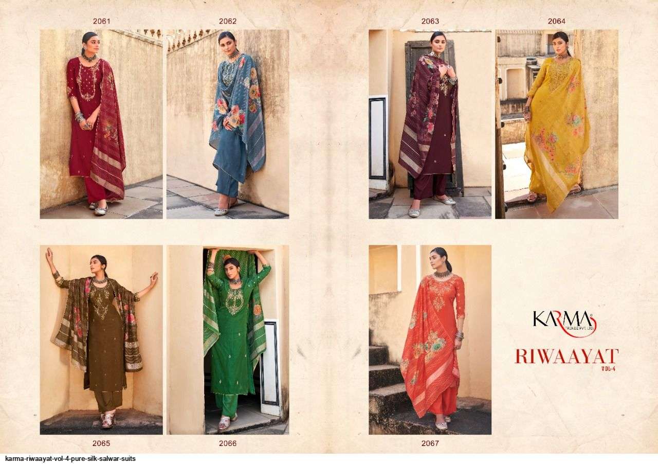 RIWAAYAT VOL-4 BY KARMA TRENDZ 2061 TO 2067 SERIES BEAUTIFUL SUITS COLORFUL STYLISH FANCY CASUAL WEAR & ETHNIC WEAR PURE SILK JACQUARD DRESSES AT WHOLESALE PRICE