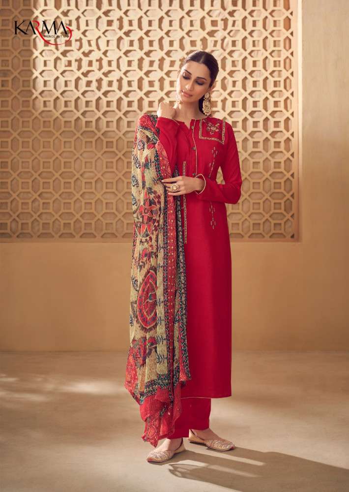 NOOR VOL-6 BY KARMA TRENDZ 5103 TO 5109 SERIES BEAUTIFUL COLORFUL STYLISH PRETTY PARTY WEAR CASUAL WEAR OCCASIONAL WEAR CREPE EMBROIDERED DRESSES AT WHOLESALE PRICE