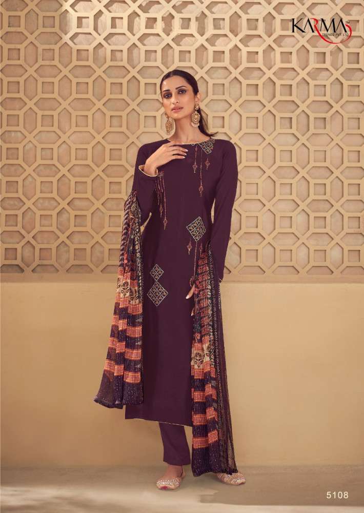 NOOR VOL-6 BY KARMA TRENDZ 5103 TO 5109 SERIES BEAUTIFUL COLORFUL STYLISH PRETTY PARTY WEAR CASUAL WEAR OCCASIONAL WEAR CREPE EMBROIDERED DRESSES AT WHOLESALE PRICE