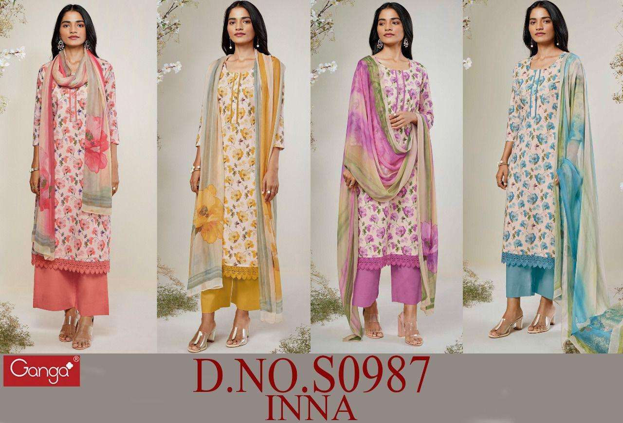 INNA-987 BY GANGA FASHION 987-A TO 987-D SERIES BEAUTIFUL SUITS COLORFUL STYLISH FANCY CASUAL WEAR & ETHNIC WEAR SUPERIOR COTTON PRINT WITH EMBROIDERY WORK DRESSES AT WHOLESALE PRICE