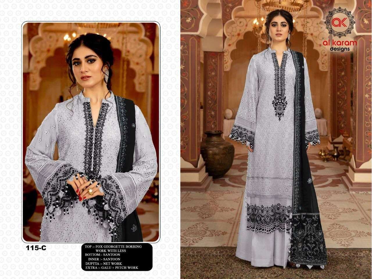 AL KARAM 115 COLOURS BY AL KARAM 115-A TO 115-F SERIES DESIGNS DESIGNER PAKISTANI SUITS BEAUTIFUL STYLISH FANCY COLORFUL PARTY WEAR & OCCASIONAL WEAR HEAVY GEORGETTE EMBROIDERED DRESSES AT WHOLESALE PRICE