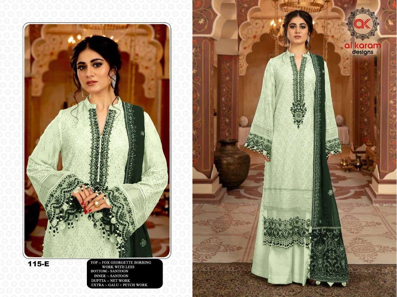 AL KARAM 115 COLOURS BY AL KARAM 115-A TO 115-F SERIES DESIGNS DESIGNER PAKISTANI SUITS BEAUTIFUL STYLISH FANCY COLORFUL PARTY WEAR & OCCASIONAL WEAR HEAVY GEORGETTE EMBROIDERED DRESSES AT WHOLESALE PRICE