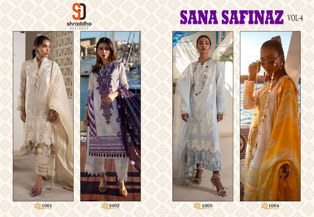 Sana Safinaz Vol-4 By Shraddha Designer 1001 To 1004 Series Beautiful Stylish Pakistani Suits Fancy Colorful Casual Wear & Ethnic Wear & Ready To Wear Lawn Cotton Print With Work Dresses At Wholesale Price