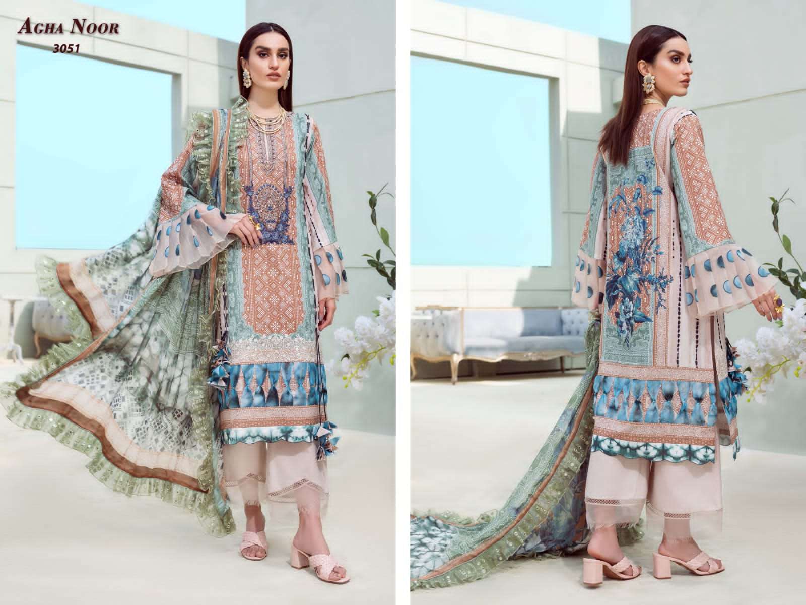 AGHA NOOR VOL-7 BY FASHID WHOLESALE 3051 TO 3056 SERIES BEAUTIFUL STYLISH SHARARA SUITS FANCY COLORFUL CASUAL WEAR & ETHNIC WEAR & READY TO WEAR LAWN COTTON PRINTED DRESSES AT WHOLESALE PRICE