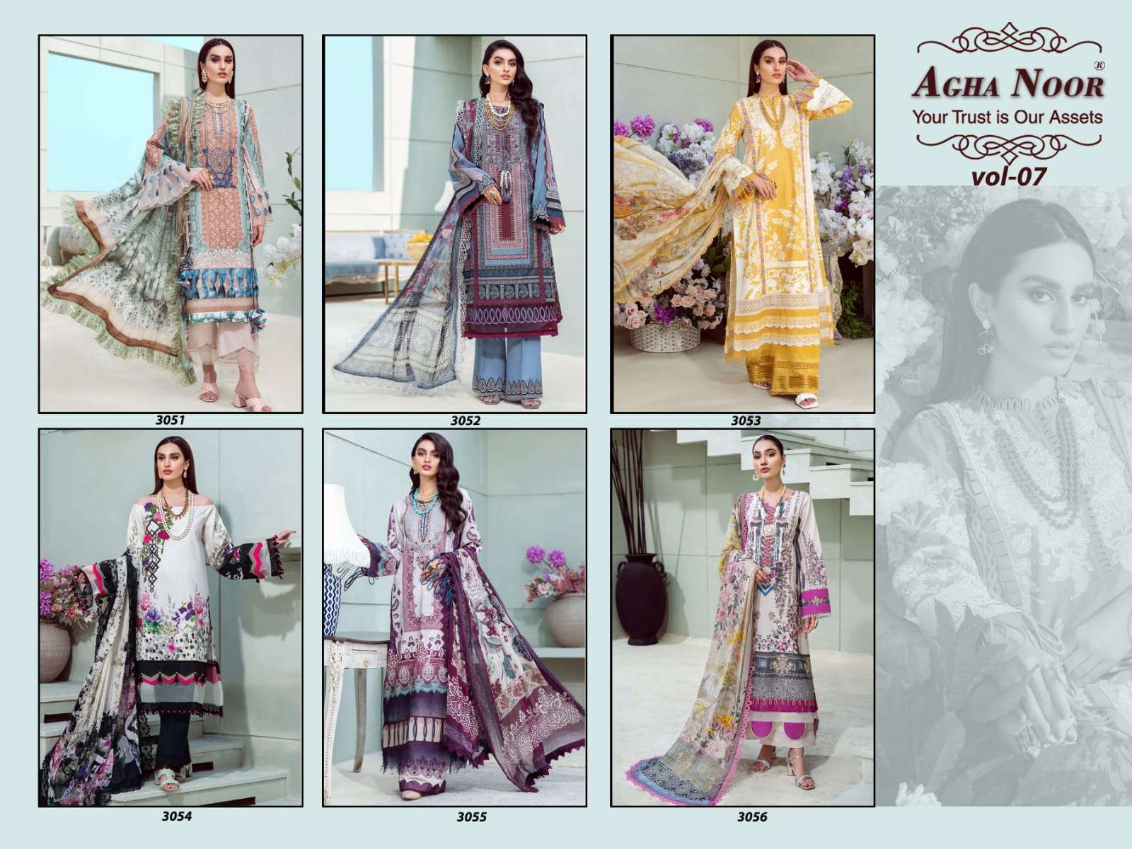 AGHA NOOR VOL-7 BY FASHID WHOLESALE 3051 TO 3056 SERIES BEAUTIFUL STYLISH SHARARA SUITS FANCY COLORFUL CASUAL WEAR & ETHNIC WEAR & READY TO WEAR LAWN COTTON PRINTED DRESSES AT WHOLESALE PRICE
