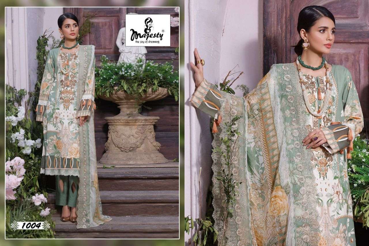 RAMSHA VOL-3 BY MAJESTY 1001 TO 1005 SERIES DESIGNER FESTIVE PAKISTANI SUITS COLLECTION BEAUTIFUL STYLISH FANCY COLORFUL PARTY WEAR & OCCASIONAL WEAR PURE COTTON EMBROIDERED DRESSES AT WHOLESALE PRICE