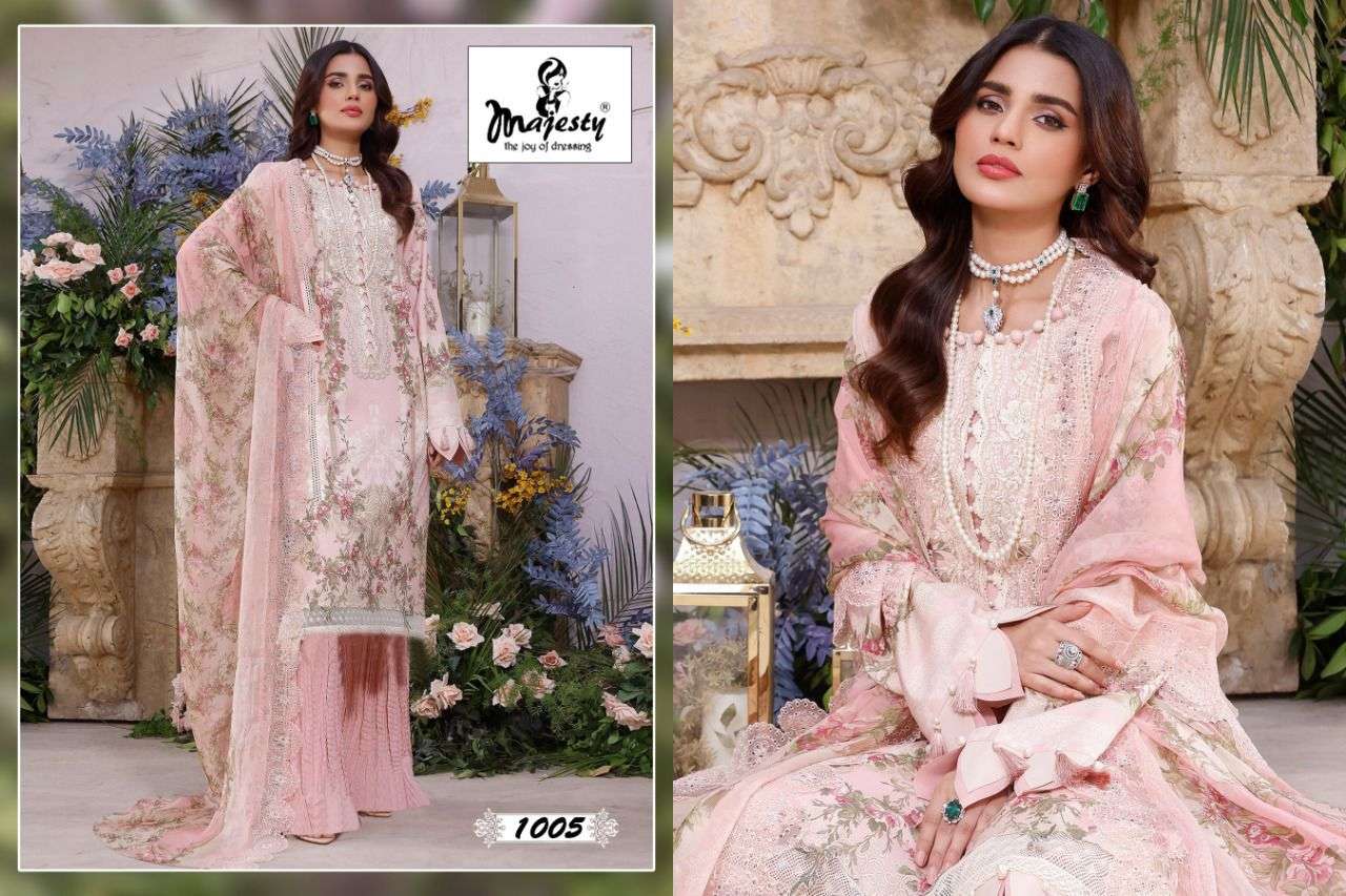 RAMSHA VOL-3 BY MAJESTY 1001 TO 1005 SERIES DESIGNER FESTIVE PAKISTANI SUITS COLLECTION BEAUTIFUL STYLISH FANCY COLORFUL PARTY WEAR & OCCASIONAL WEAR PURE COTTON EMBROIDERED DRESSES AT WHOLESALE PRICE
