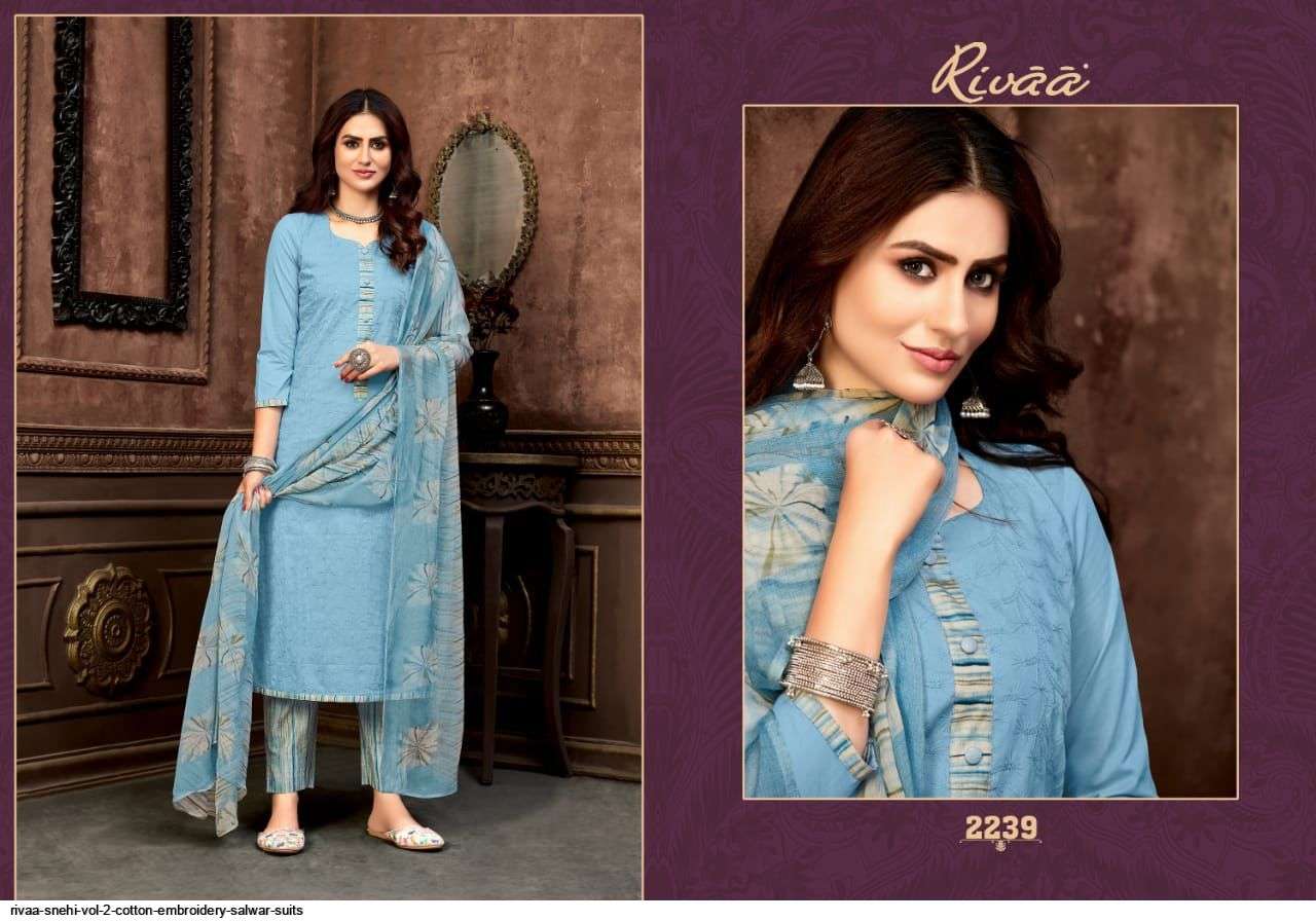 SNEHI VOL-2 BY RIVAA 2236 TO 2243 SERIES BEAUTIFUL SUITS COLORFUL STYLISH FANCY CASUAL WEAR & ETHNIC WEAR COTTON EMBROIDERED DRESSES AT WHOLESALE PRICE