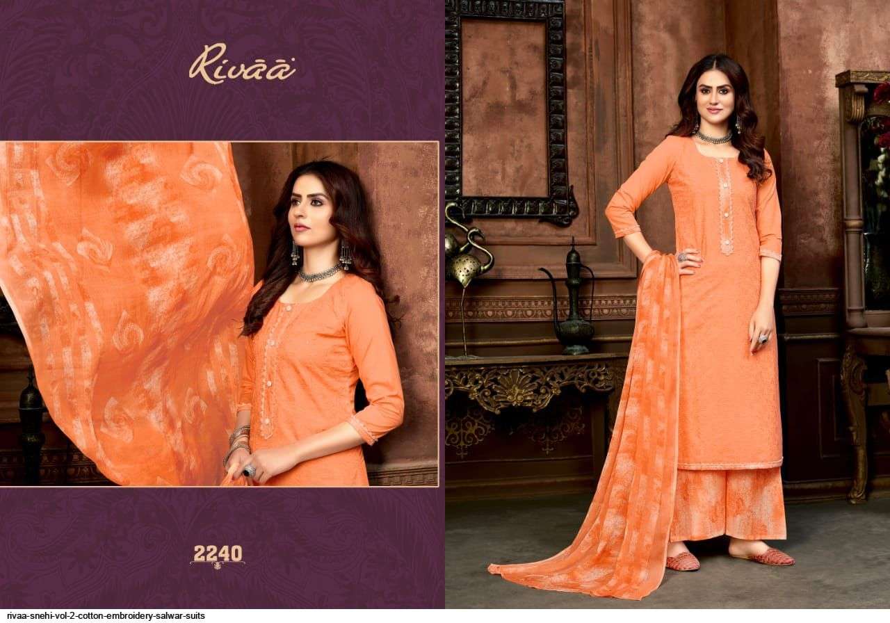 SNEHI VOL-2 BY RIVAA 2236 TO 2243 SERIES BEAUTIFUL SUITS COLORFUL STYLISH FANCY CASUAL WEAR & ETHNIC WEAR COTTON EMBROIDERED DRESSES AT WHOLESALE PRICE