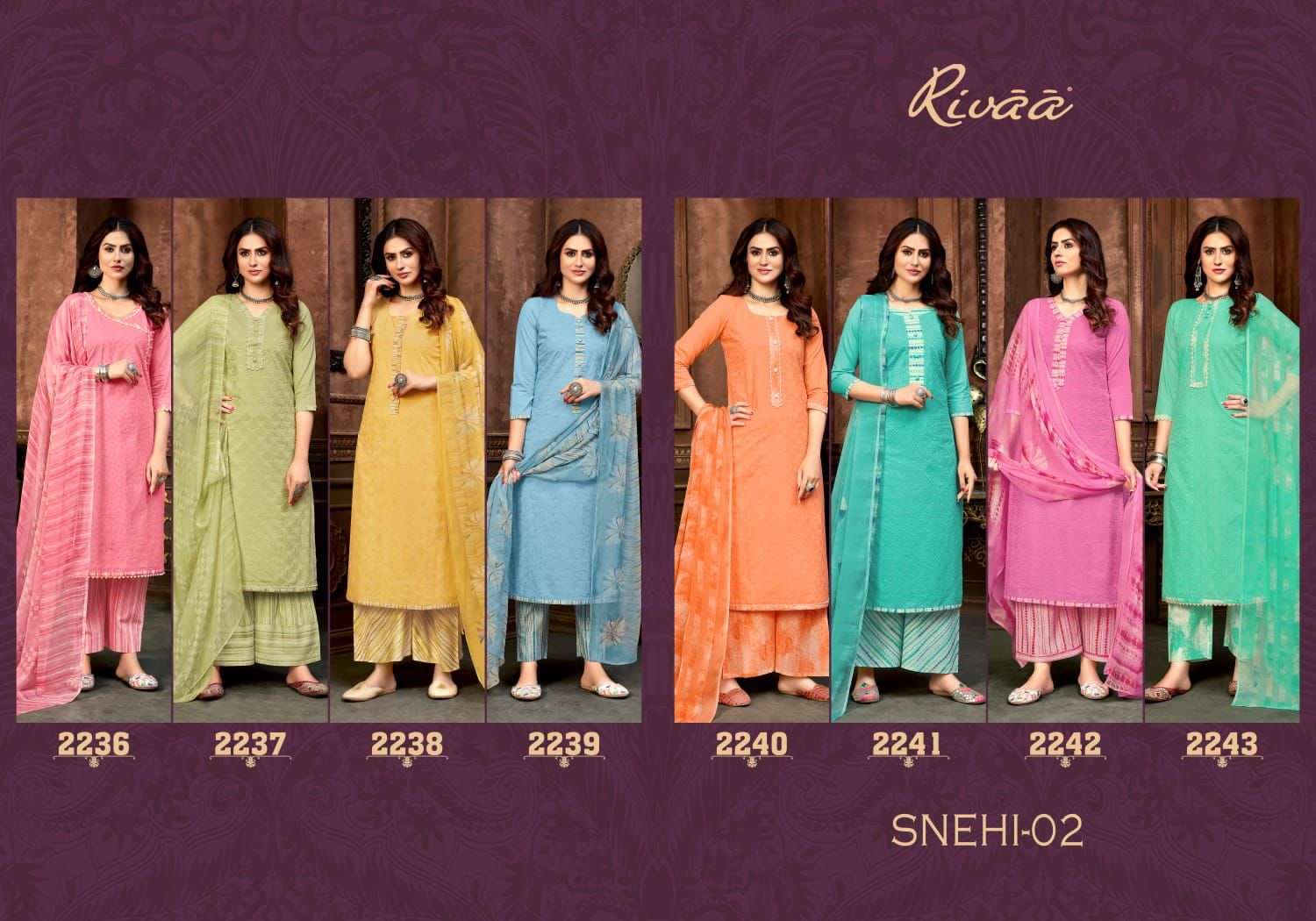 SNEHI VOL-2 BY RIVAA 2236 TO 2243 SERIES BEAUTIFUL SUITS COLORFUL STYLISH FANCY CASUAL WEAR & ETHNIC WEAR COTTON EMBROIDERED DRESSES AT WHOLESALE PRICE