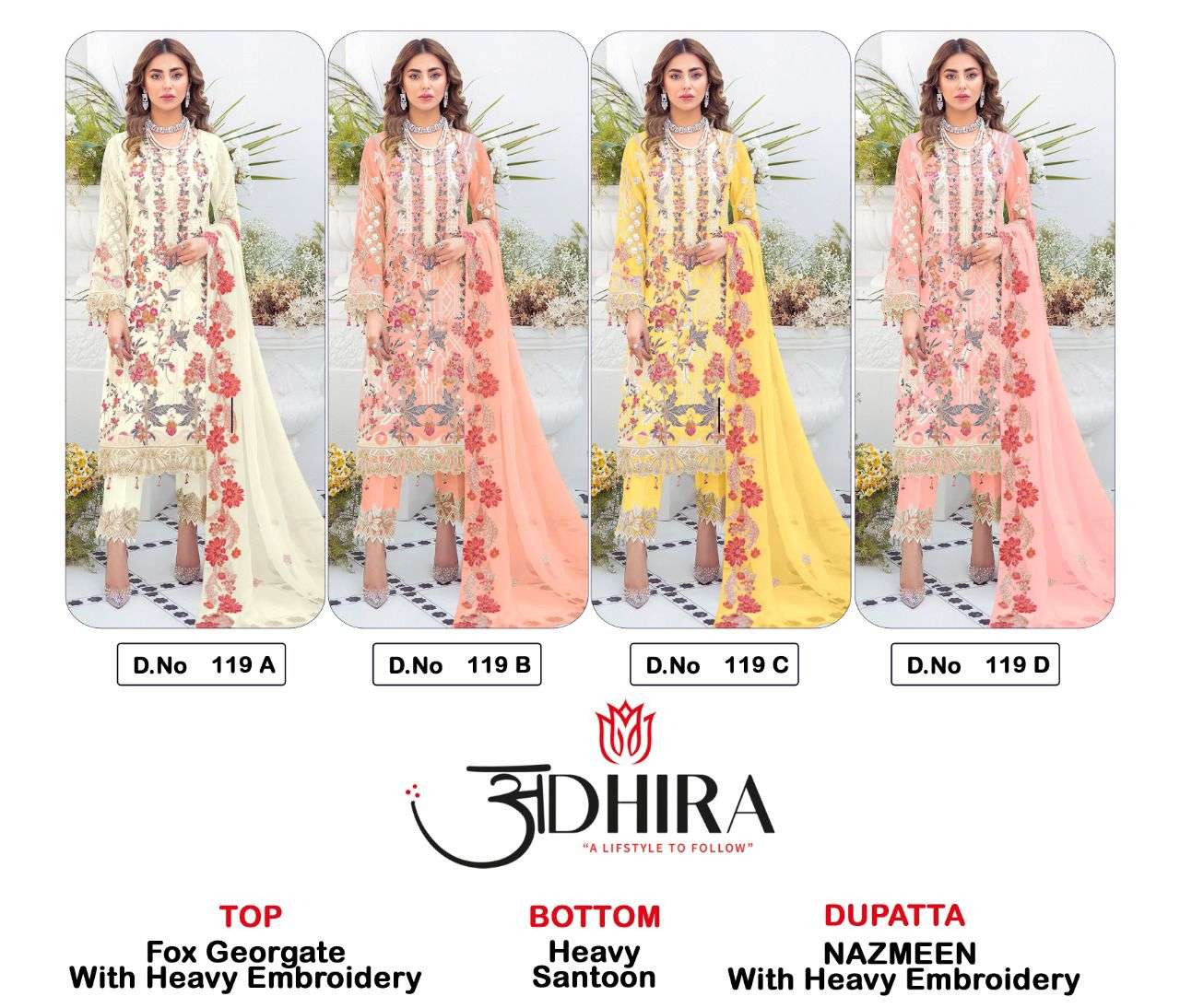 ADHIRA 119 COLOURS BY ADHIRA 119-A TO 119-D SERIES DESIGNER PAKISTANI SUITS BEAUTIFUL STYLISH FANCY COLORFUL PARTY WEAR & OCCASIONAL WEAR HEAVY FAUX GEORGETTE DRESSES AT WHOLESALE PRICE