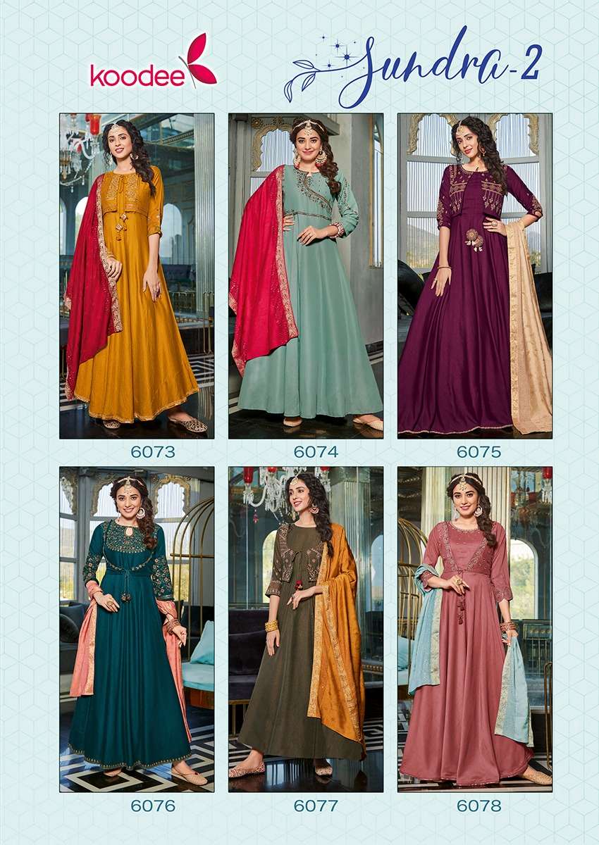 Sundra Vol-2 By Koodee 6073 To 6078 Series Beautiful Stylish Fancy Colorful Casual Wear & Ethnic Wear Georgette Gowns With Dupatta At Wholesale Price