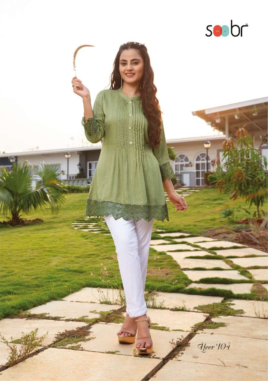 HEER BY SOOBR 101 TO 106 SERIES BEAUTIFUL STYLISH FANCY COLORFUL CASUAL WEAR & ETHNIC WEAR FANCY TOPS WITH PANTS AT WHOLESALE PRICE