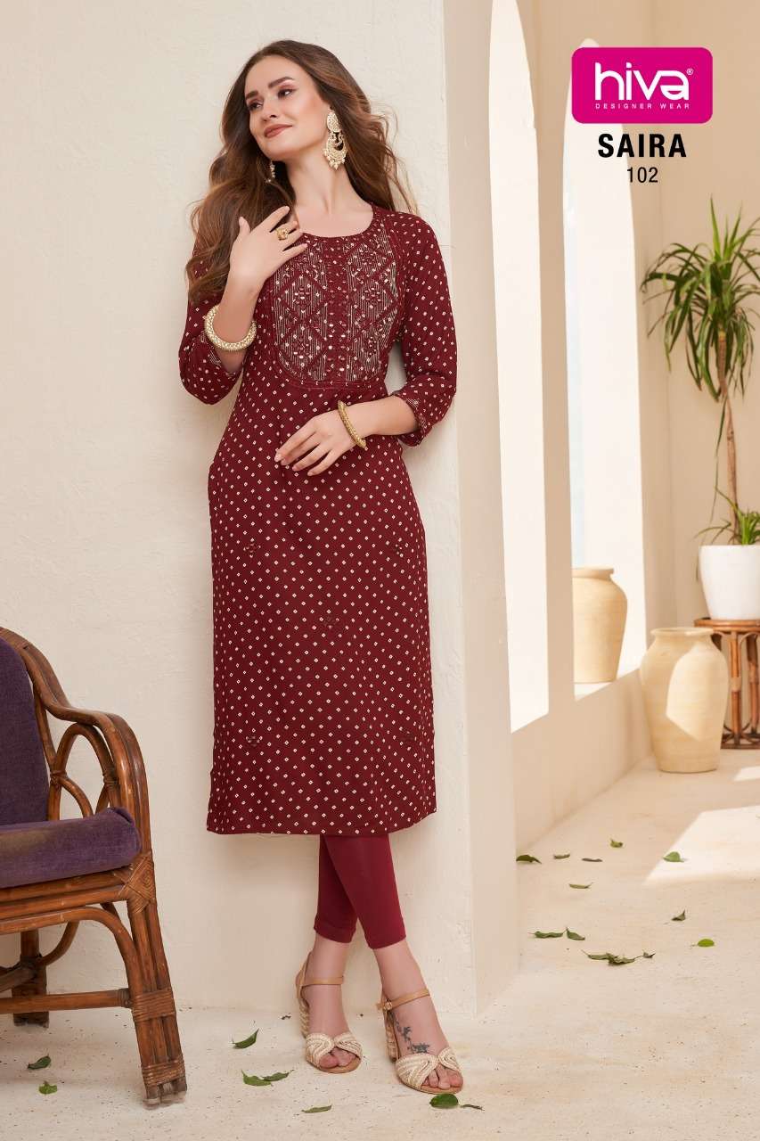 SAIRA BY HIVA 101 TO 106 SERIES DESIGNER STYLISH FANCY COLORFUL BEAUTIFUL PARTY WEAR & ETHNIC WEAR COLLECTION PURE RAYON KURTIS AT WHOLESALE PRICE