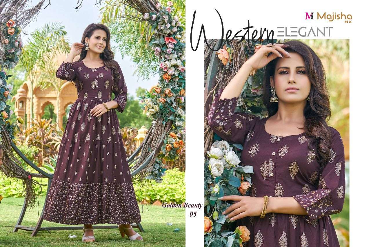 GOLDEN BEAUTY BY MAJISHA NX 01 TO 08 SERIES BEAUTIFUL STYLISH FANCY COLORFUL CASUAL WEAR & ETHNIC WEAR RAYON PRINT GOWNS AT WHOLESALE PRICE