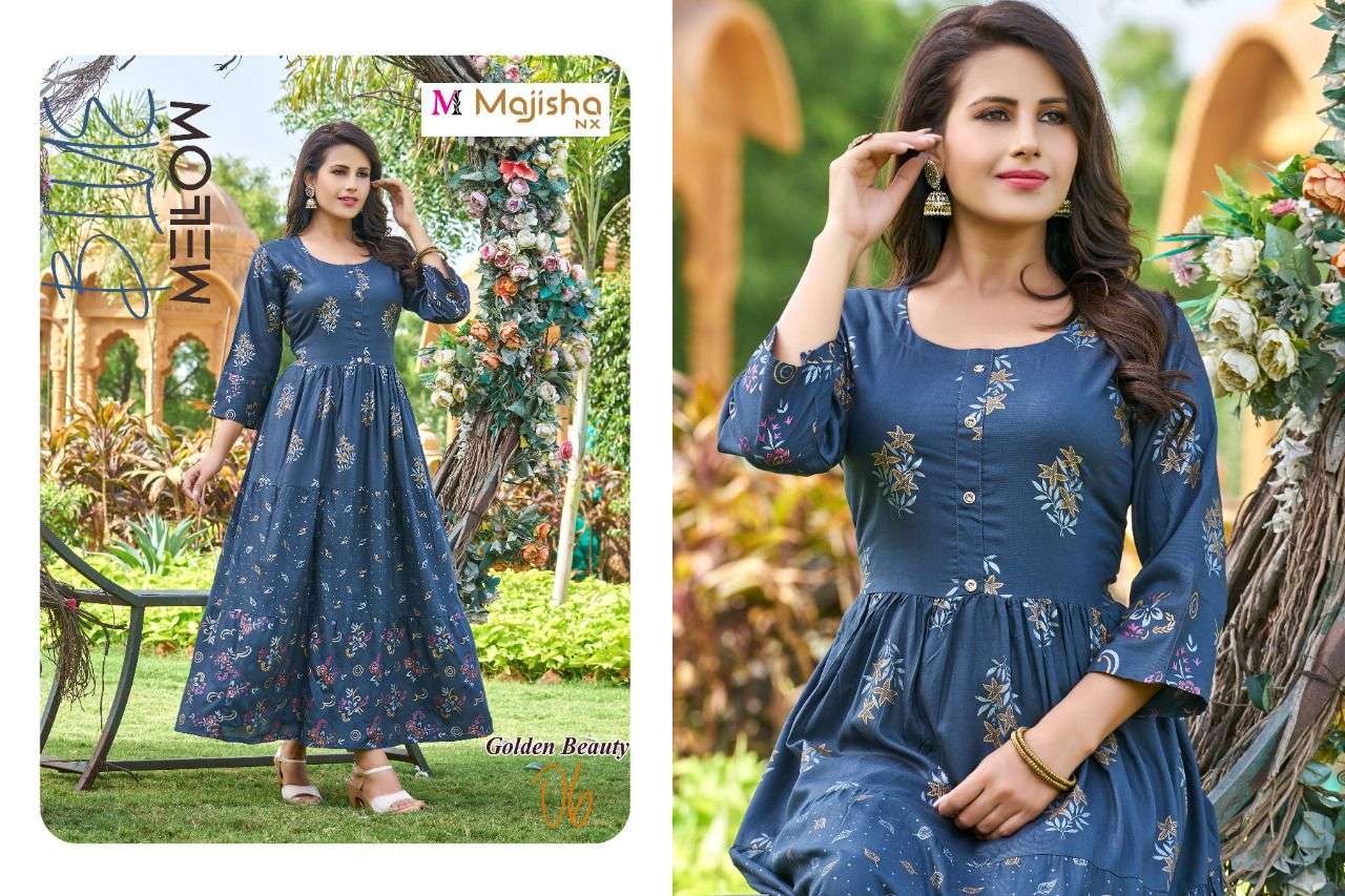 GOLDEN BEAUTY BY MAJISHA NX 01 TO 08 SERIES BEAUTIFUL STYLISH FANCY COLORFUL CASUAL WEAR & ETHNIC WEAR RAYON PRINT GOWNS AT WHOLESALE PRICE