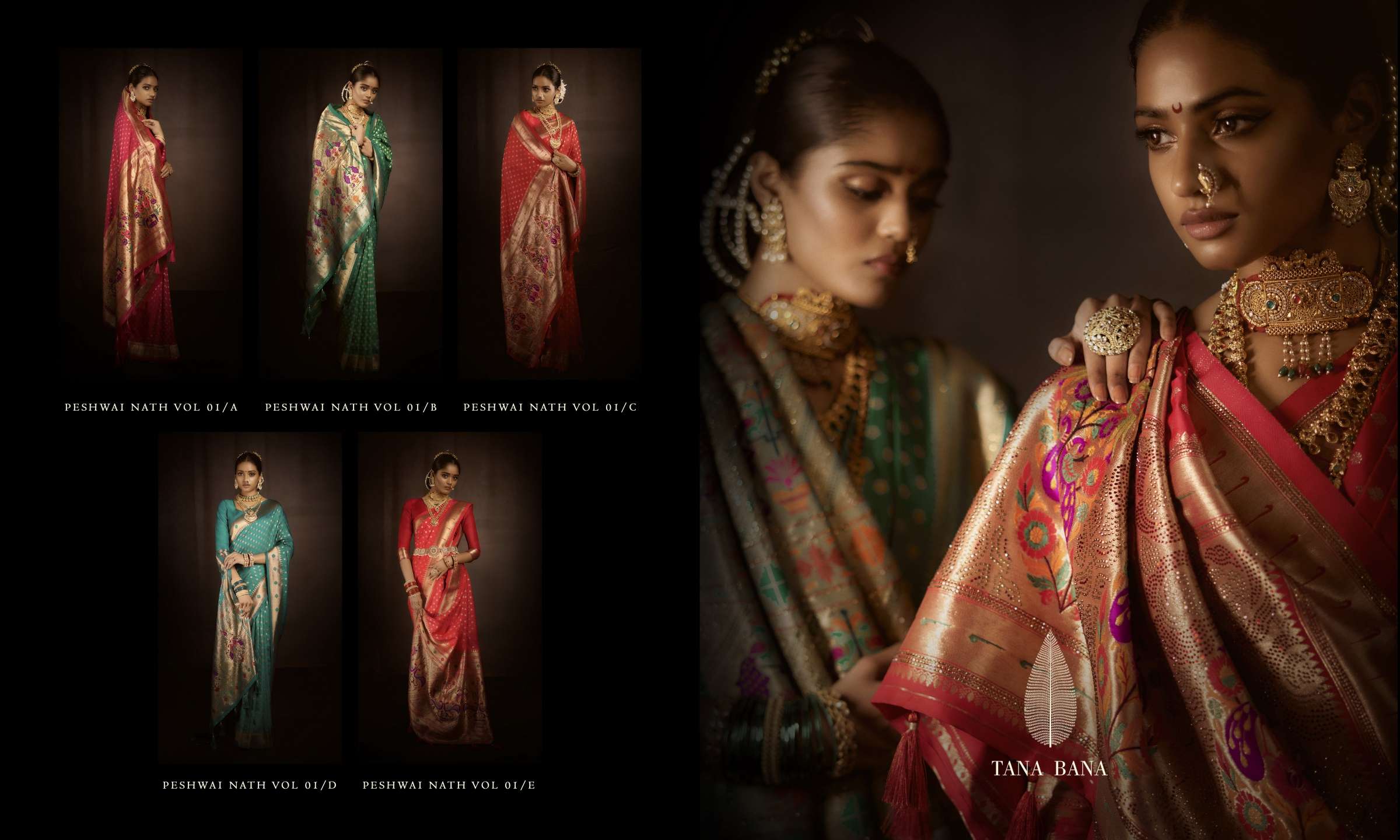 PESHWAI NATH BY TANA BANA 01-A TO 01-E SERIES INDIAN TRADITIONAL WEAR COLLECTION BEAUTIFUL STYLISH FANCY COLORFUL PARTY WEAR & OCCASIONAL WEAR PURE SILK SAREES AT WHOLESALE PRICE