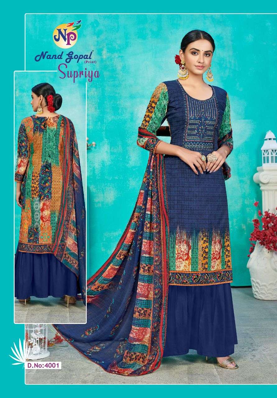 SUPRIYA VOL-4 BY NAND GOPAL PRINT 4001 TO 4010 SERIES BEAUTIFUL SUITS COLORFUL STYLISH FANCY CASUAL WEAR & ETHNIC WEAR PURE COTTON PRINT DRESSES AT WHOLESALE PRICE