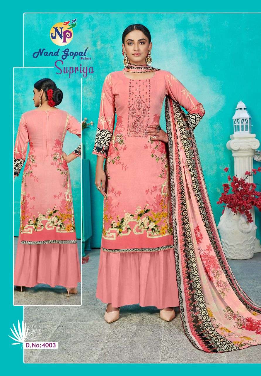 SUPRIYA VOL-4 BY NAND GOPAL PRINT 4001 TO 4010 SERIES BEAUTIFUL SUITS COLORFUL STYLISH FANCY CASUAL WEAR & ETHNIC WEAR PURE COTTON PRINT DRESSES AT WHOLESALE PRICE