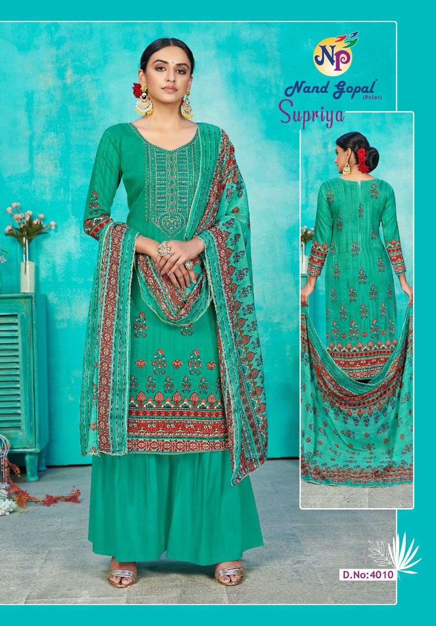 SUPRIYA VOL-4 BY NAND GOPAL PRINT 4001 TO 4010 SERIES BEAUTIFUL SUITS COLORFUL STYLISH FANCY CASUAL WEAR & ETHNIC WEAR PURE COTTON PRINT DRESSES AT WHOLESALE PRICE
