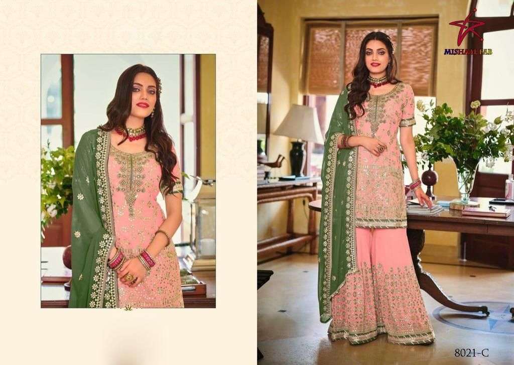 MISHAAL 8021 COLOURS BY MISHAAL FAB 8021-A TO 8021-C SERIES BEAUTIFUL PAKISTANI SUITS STYLISH COLORFUL FANCY CASUAL WEAR & ETHNIC WEAR HEAVY GEORGETTE EMBROIDERED DRESSES AT WHOLESALE PRICE