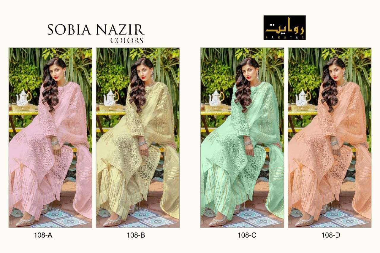 SOBIA NAZIR COLORS BY RAWAYAT 108-A TO 108-D SERIES PAKISTANI SUITS BEAUTIFUL FANCY COLORFUL STYLISH PARTY WEAR & OCCASIONAL WEAR FAUX GEORGETTE DRESSES AT WHOLESALE PRICE