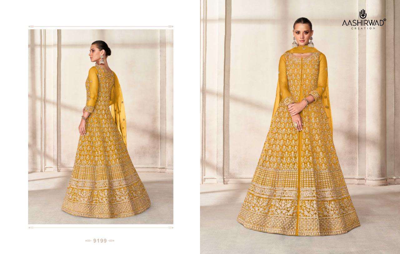 PRISHA BY AASHIRWAD CREATION 9199 TO 9203 SERIES BEAUTIFUL ANARKALI SUITS COLORFUL STYLISH FANCY CASUAL WEAR & ETHNIC WEAR BUTTERFLY NET DRESSES AT WHOLESALE PRICE