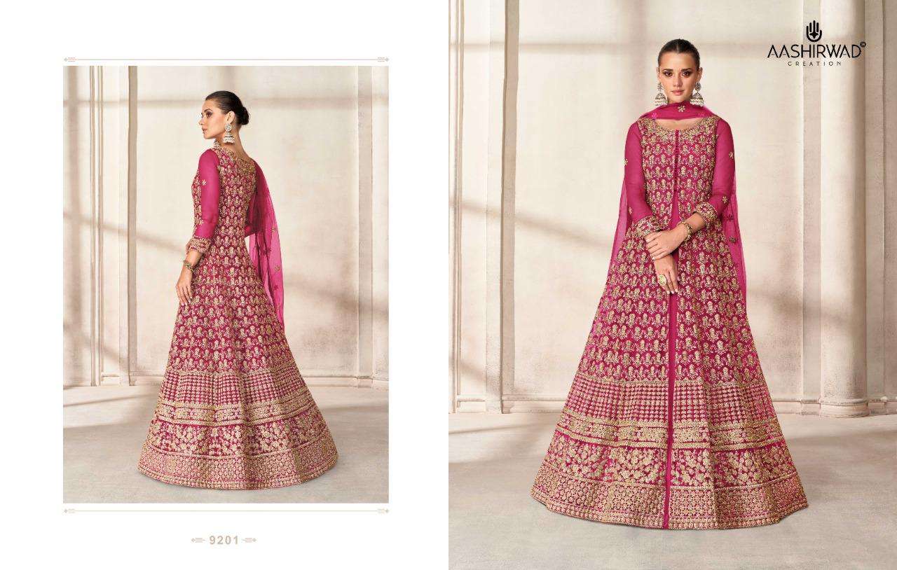 PRISHA BY AASHIRWAD CREATION 9199 TO 9203 SERIES BEAUTIFUL ANARKALI SUITS COLORFUL STYLISH FANCY CASUAL WEAR & ETHNIC WEAR BUTTERFLY NET DRESSES AT WHOLESALE PRICE