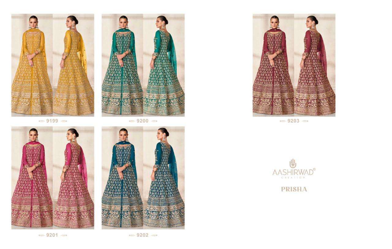 PRISHA BY AASHIRWAD CREATION 9199 TO 9203 SERIES BEAUTIFUL ANARKALI SUITS COLORFUL STYLISH FANCY CASUAL WEAR & ETHNIC WEAR BUTTERFLY NET DRESSES AT WHOLESALE PRICE