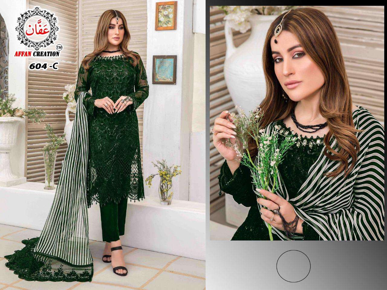 AFFAN CREATION 604 COLOURS BY AFFAN CREATION 604-A TO 604-J SERIES Z BEAUTIFUL PAKISTANI SUITS COLORFUL STYLISH FANCY CASUAL WEAR & ETHNIC WEAR FAUX GEORGETTE WITH EMBROIDERY DRESSES AT WHOLESALE PRICE