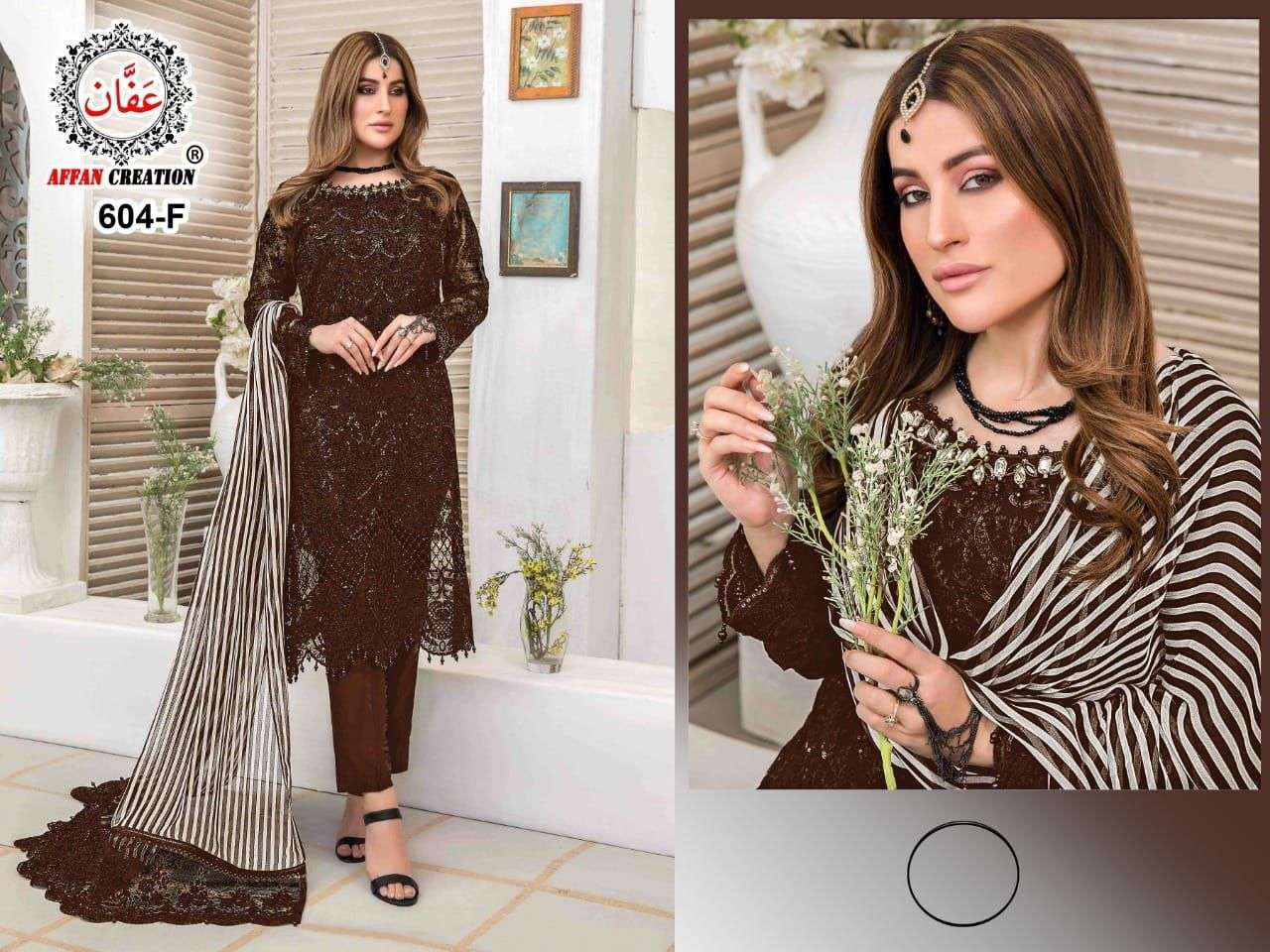 AFFAN CREATION 604 COLOURS BY AFFAN CREATION 604-A TO 604-J SERIES Z BEAUTIFUL PAKISTANI SUITS COLORFUL STYLISH FANCY CASUAL WEAR & ETHNIC WEAR FAUX GEORGETTE WITH EMBROIDERY DRESSES AT WHOLESALE PRICE