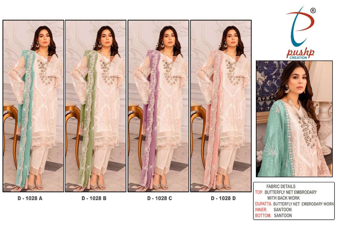PUSHP HIT DESIGN 1028 COLOURS BY PUSHP CREATION 1028-A TO 1028-D SERIES DESIGNER PAKISTANI SUITS BEAUTIFUL STYLISH FANCY COLORFUL PARTY WEAR & OCCASIONAL WEAR NET EMBROIDERED DRESSES AT WHOLESALE PRICE