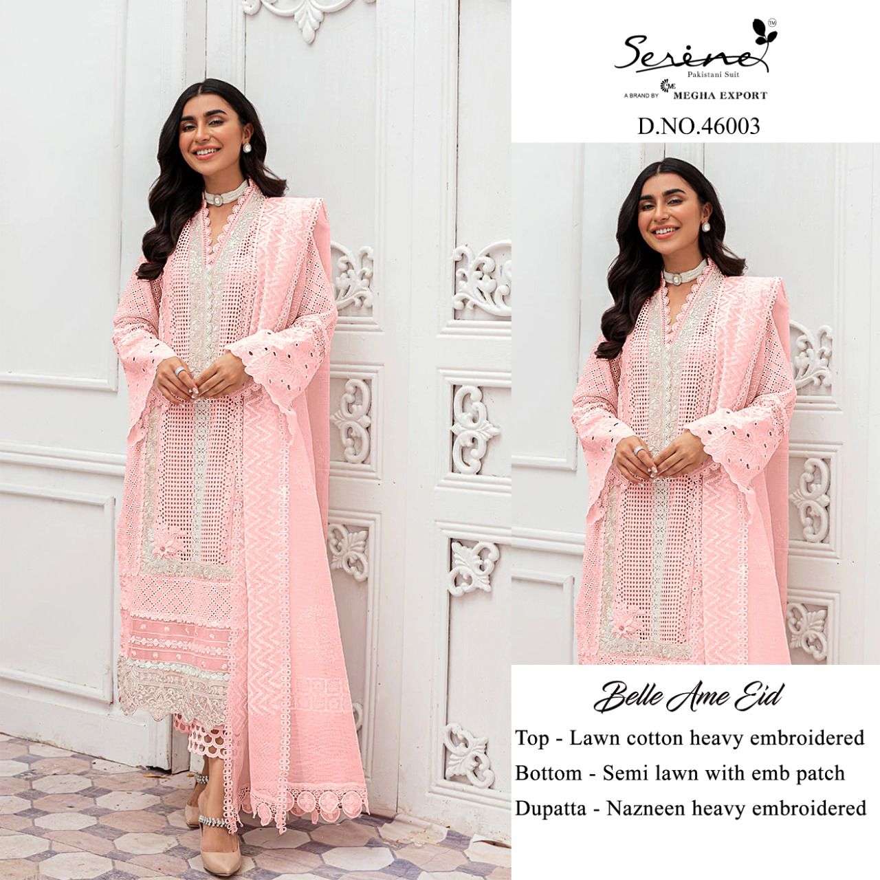 BELLE AME EID BY SERENE 46001 TO 46006 SERIES DESIGNER PAKISTANI SUITS BEAUTIFUL STYLISH FANCY COLORFUL PARTY WEAR & OCCASIONAL WEAR LAWN COTTON EMBROIDERY DRESSES AT WHOLESALE PRICE