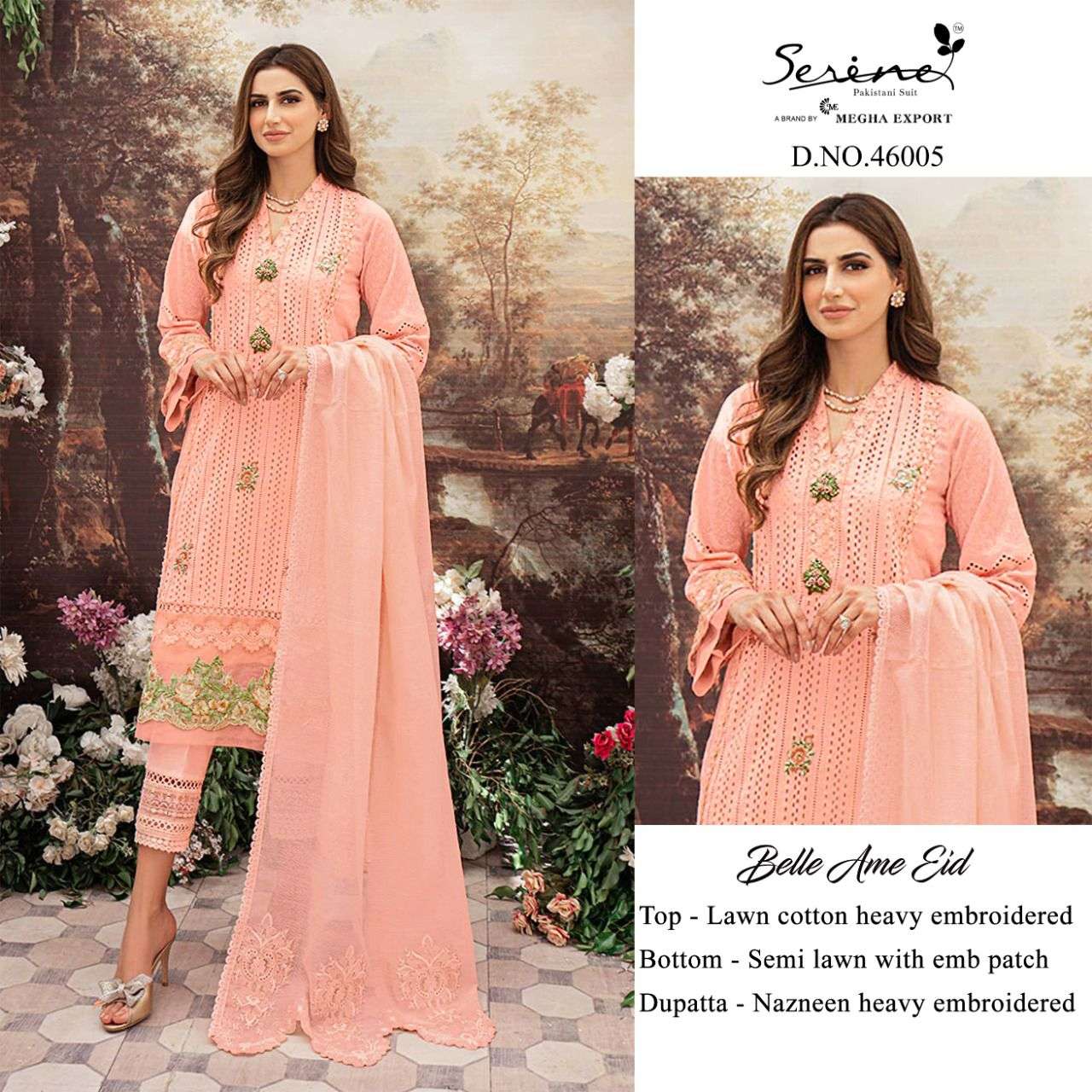 BELLE AME EID BY SERENE 46001 TO 46006 SERIES DESIGNER PAKISTANI SUITS BEAUTIFUL STYLISH FANCY COLORFUL PARTY WEAR & OCCASIONAL WEAR LAWN COTTON EMBROIDERY DRESSES AT WHOLESALE PRICE