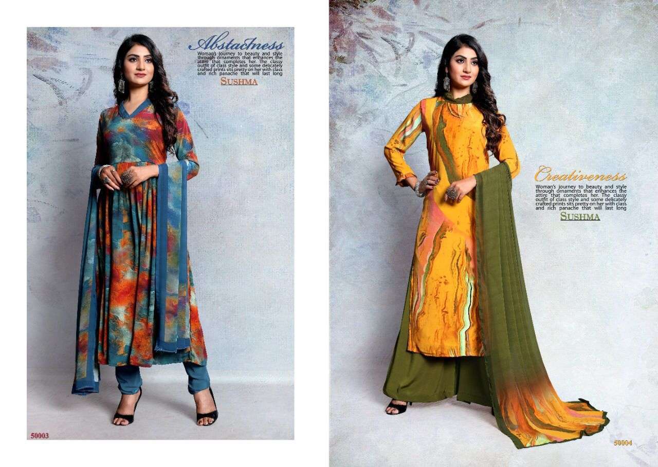 CHARISMATIC BY SUSHMA 50001 TO 50012 SERIES BEAUTIFUL SUITS COLORFUL STYLISH FANCY CASUAL WEAR & ETHNIC WEAR CREPE DRESSES AT WHOLESALE PRICE