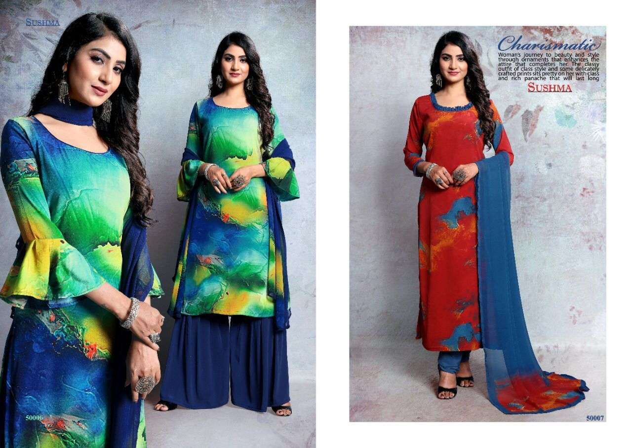 CHARISMATIC BY SUSHMA 50001 TO 50012 SERIES BEAUTIFUL SUITS COLORFUL STYLISH FANCY CASUAL WEAR & ETHNIC WEAR CREPE DRESSES AT WHOLESALE PRICE
