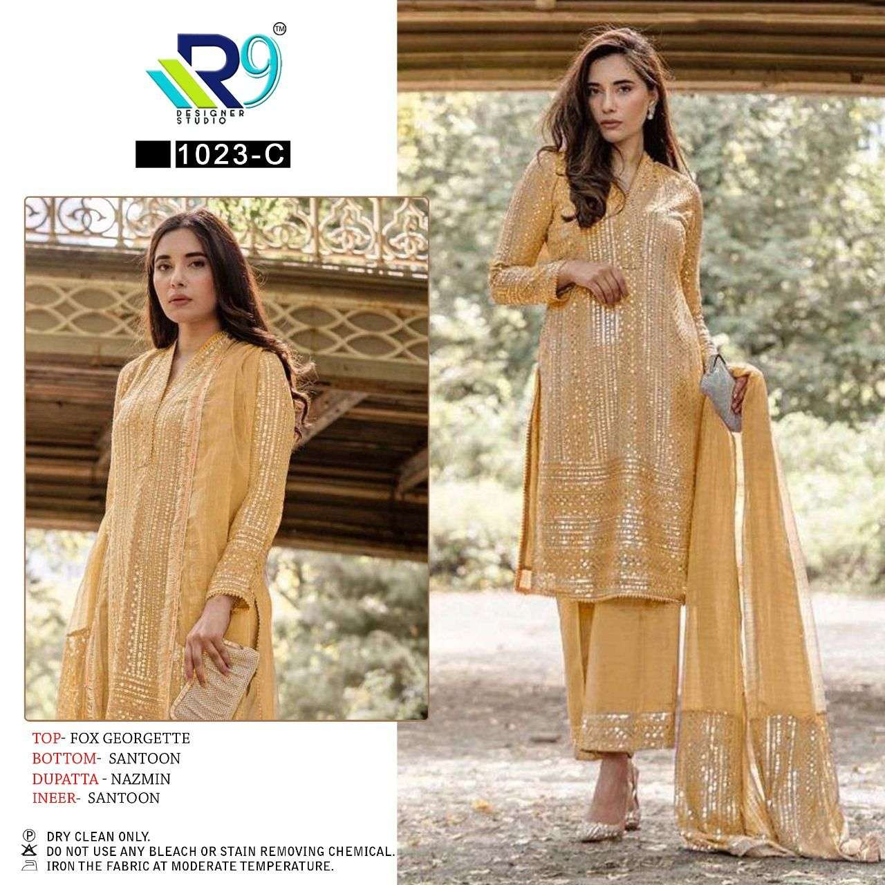 R9 1023 COLOURS BY R9 1023-A TO 1023-D SERIES DESIGNER PAKISTANI SUITS BEAUTIFUL STYLISH FANCY COLORFUL PARTY WEAR & OCCASIONAL WEAR FAUX GEORGETTE EMBROIDERED DRESSES AT WHOLESALE PRICE