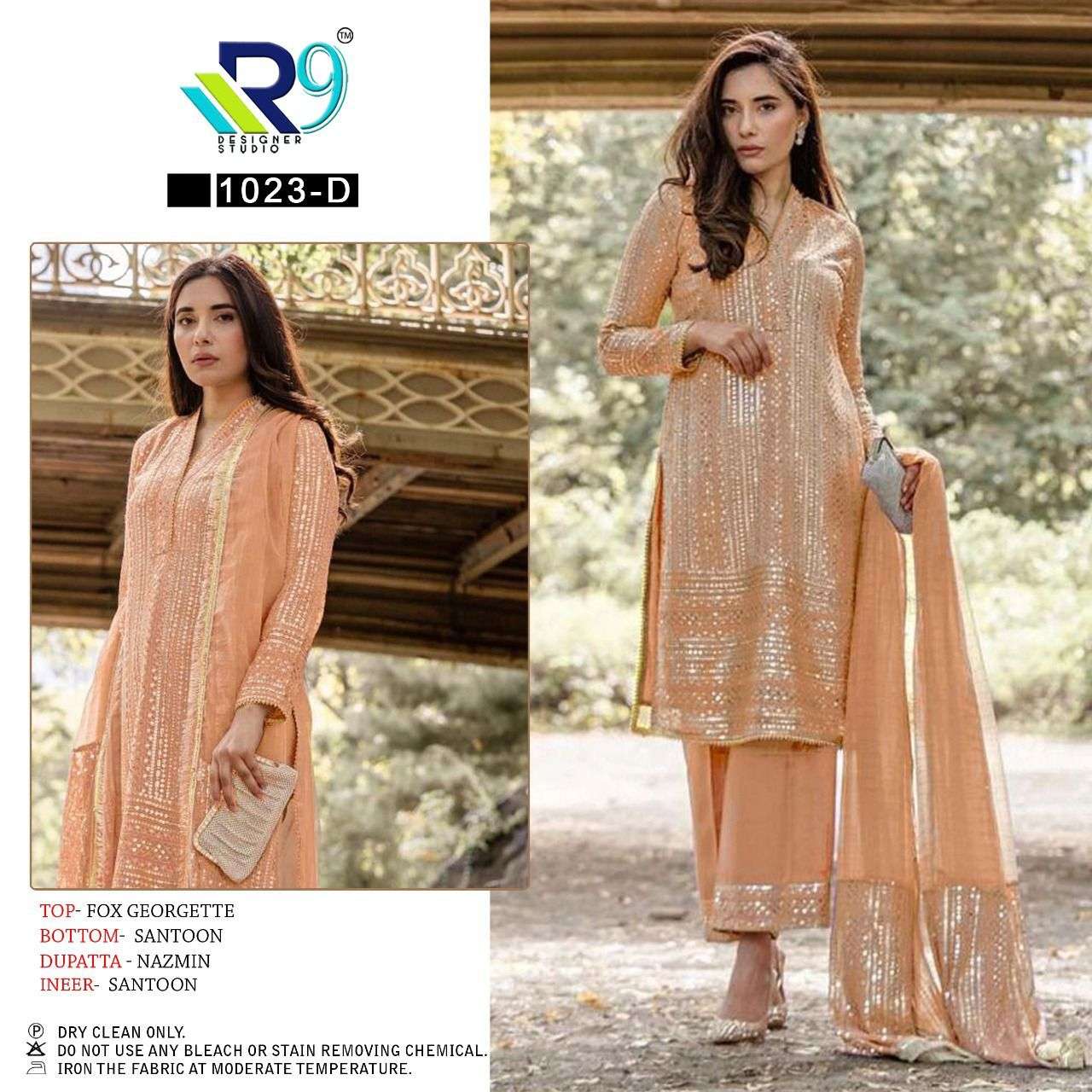 R9 1023 COLOURS BY R9 1023-A TO 1023-D SERIES DESIGNER PAKISTANI SUITS BEAUTIFUL STYLISH FANCY COLORFUL PARTY WEAR & OCCASIONAL WEAR FAUX GEORGETTE EMBROIDERED DRESSES AT WHOLESALE PRICE