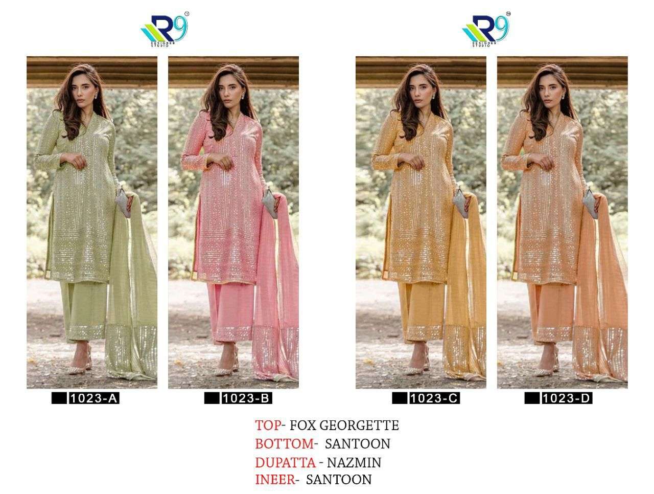 R9 1023 COLOURS BY R9 1023-A TO 1023-D SERIES DESIGNER PAKISTANI SUITS BEAUTIFUL STYLISH FANCY COLORFUL PARTY WEAR & OCCASIONAL WEAR FAUX GEORGETTE EMBROIDERED DRESSES AT WHOLESALE PRICE