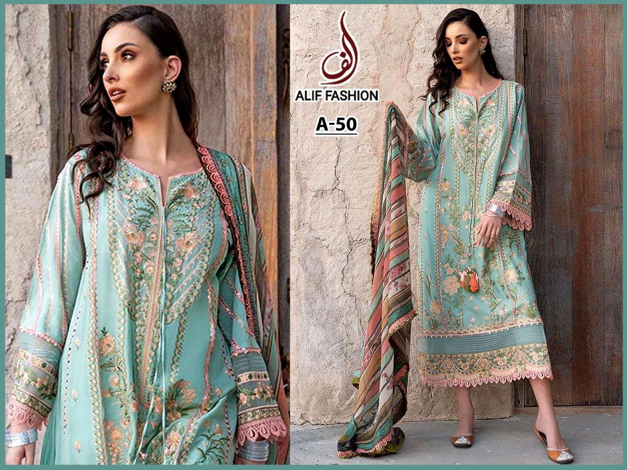 ALIF HIT DESIGN A-50 BY ALIF FASHION PAKISTANI SUITS BEAUTIFUL FANCY COLORFUL STYLISH PARTY WEAR & OCCASIONAL WEAR FAUX GEORGETTE EMBROIDERY DRESSES AT WHOLESALE PRICE