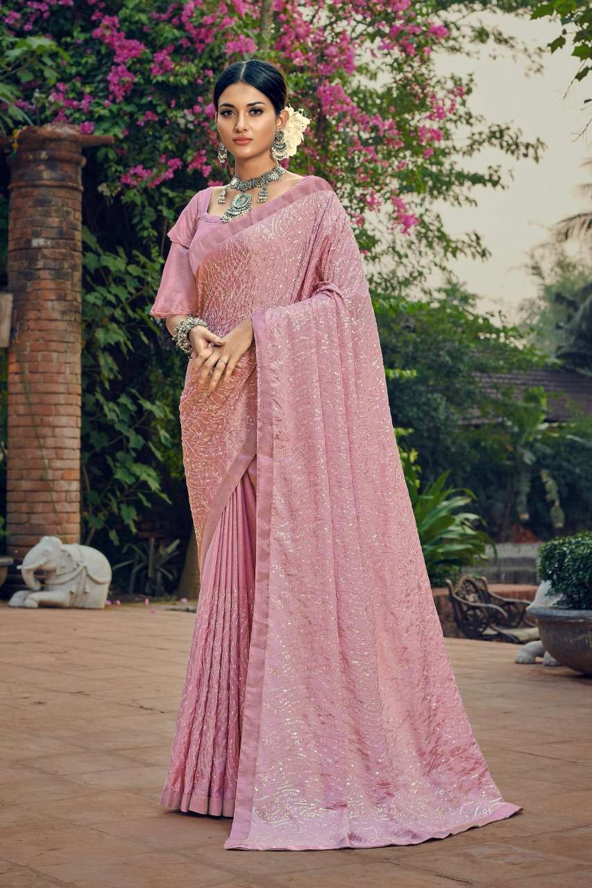METALIC SEQUENCE BY YADU NANDAN FASHION 01 TO 06 SERIES INDIAN TRADITIONAL WEAR COLLECTION BEAUTIFUL STYLISH FANCY COLORFUL PARTY WEAR & OCCASIONAL WEAR CREPE CHIFFON SAREES AT WHOLESALE PRICE
