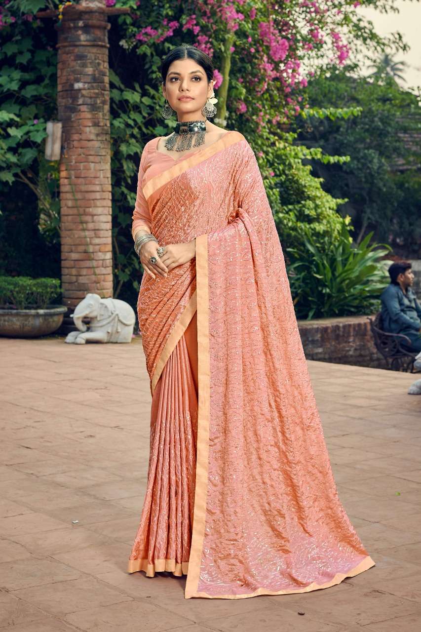 METALIC SEQUENCE BY YADU NANDAN FASHION 01 TO 06 SERIES INDIAN TRADITIONAL WEAR COLLECTION BEAUTIFUL STYLISH FANCY COLORFUL PARTY WEAR & OCCASIONAL WEAR CREPE CHIFFON SAREES AT WHOLESALE PRICE